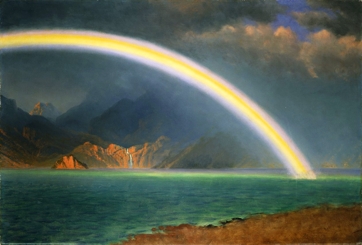Painting of a rainbow arching from the surface of a lake