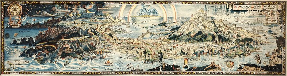 A huge, sprawling, and obsessively detailed map titled 'An Anciente Mappe of Fairyland'. It portrays-in an illustrative rather than cartographic style-two conjoined landmasses surrounded by ocean, covered in characters from myths and fairy tales, and thoroughly labeled in a whimsical 'olde Englishe' style.