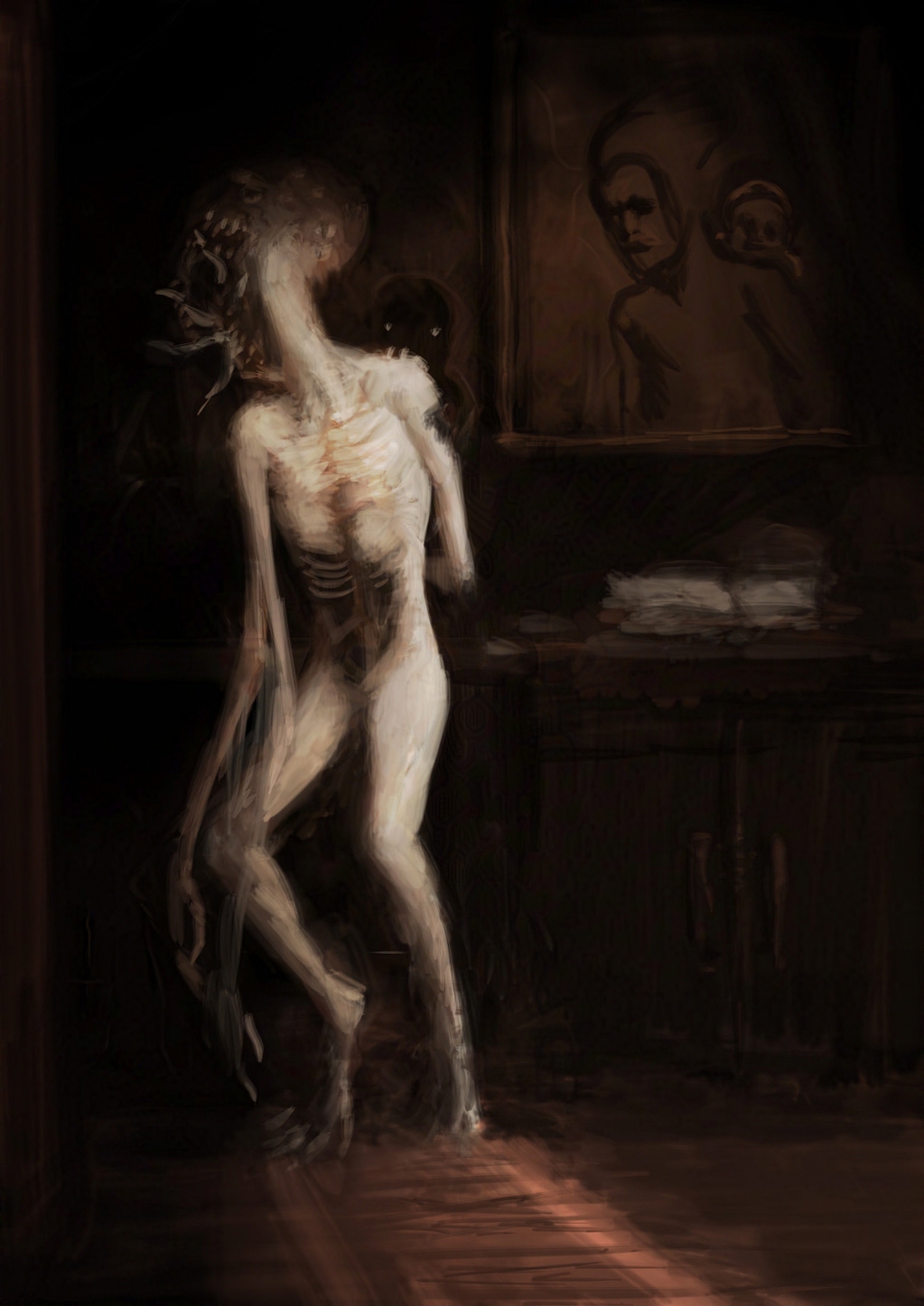 A pale, indistinct, mutilated figure stands in a dark room, its head and throat unfolding into something monstrous, while a smaller, dark shape clings to its shoulder, peering at the viewer.