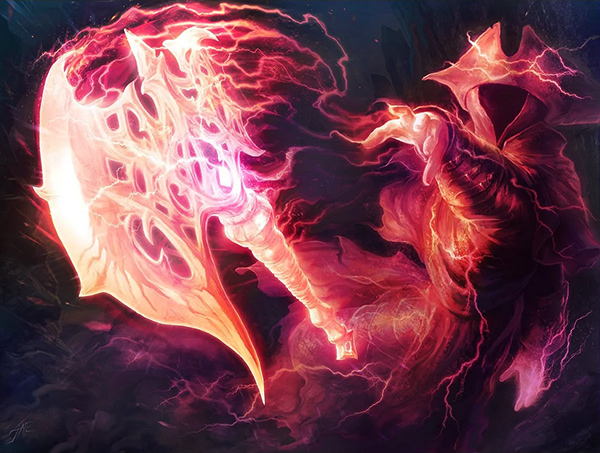 Magic: The Gathering card art showing a faceless figure in a tricorn hat throwing an ornate axe wreathed in lightning