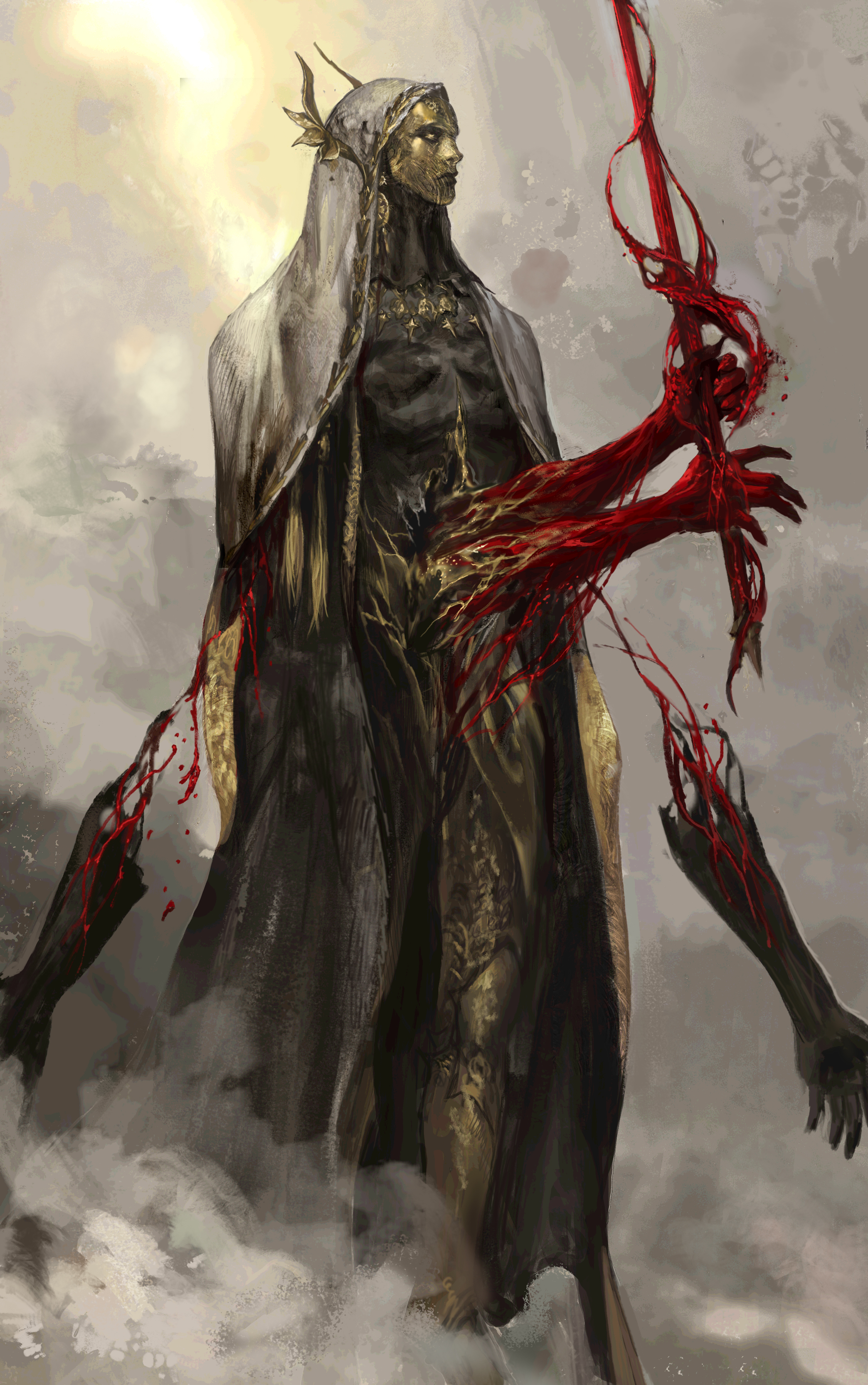 A masked, veiled figure grasps a sword made of blood with two floating, disembodied hands which two more such hands hover at its sides.