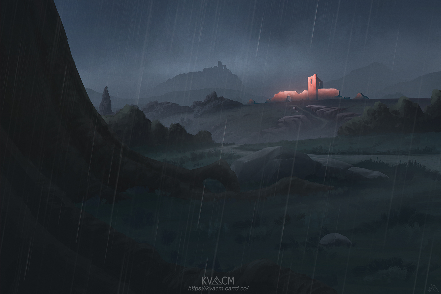 Distant ruins glimpsed across a gray landscape through pouring rain