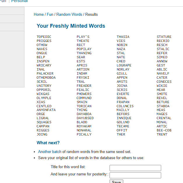 Fragment of a sceenshot of the Nexi.com Random World Generator. Primarily features a 4-column block of nonsense words like 'topedic' and 'othemoboa' in all caps, under a header reading 'Your Freshly Minted Words'.