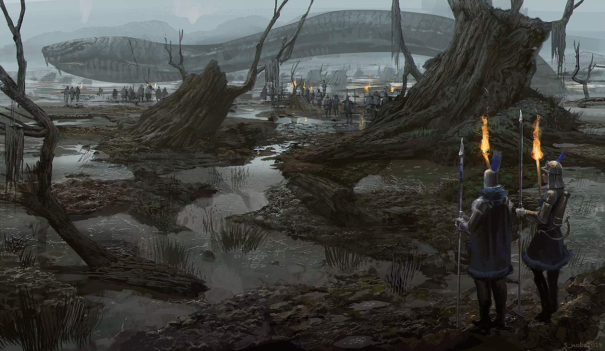 Armored soldiers in a swamp watch a titanic serpent rise from the muck.