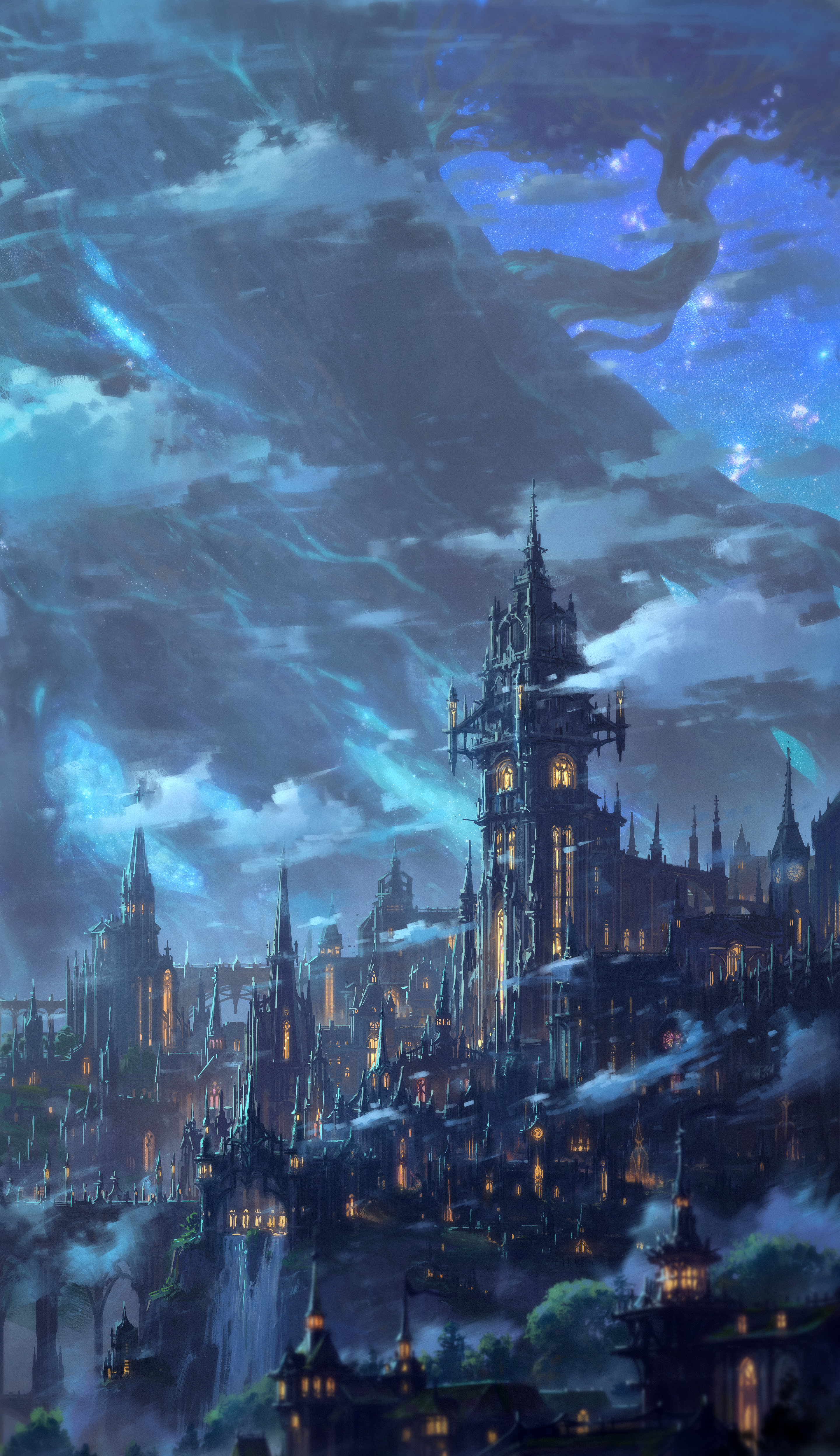 A dark city with spikey, Gothic architecture and glowing orange windows sprawls across a snowy mountainside.C