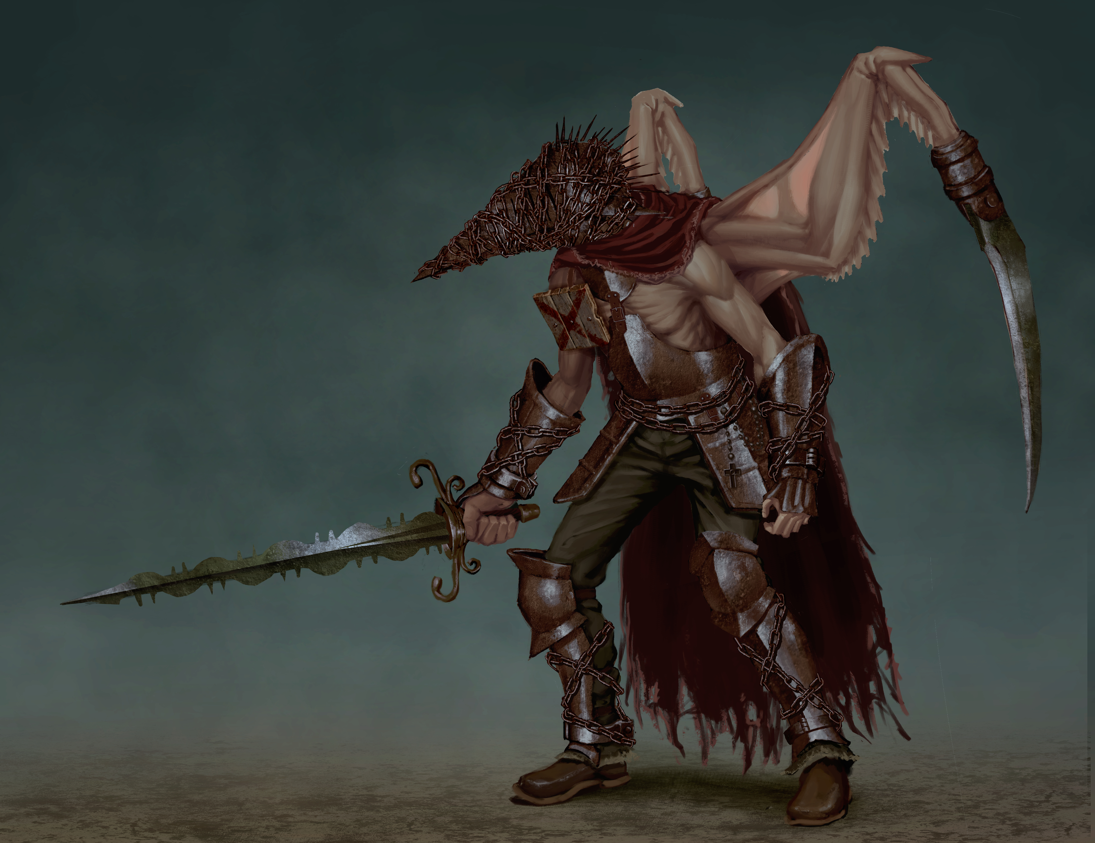 An armored figure wears a beak-like triangular helmet, heavily wrapped in chains, with featherless bird wings emerging from its back and a wavy-bladed sword in its hand.