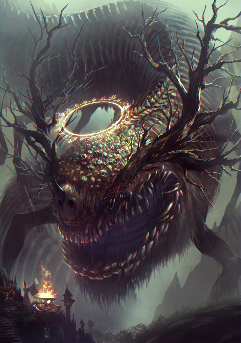 A titanic, worm-bodied horror with a huge mouth, a mask-like face, a covering of bones, and a glowing halo approaches a Shinto priest who waves a gohei before a blazing brazier.