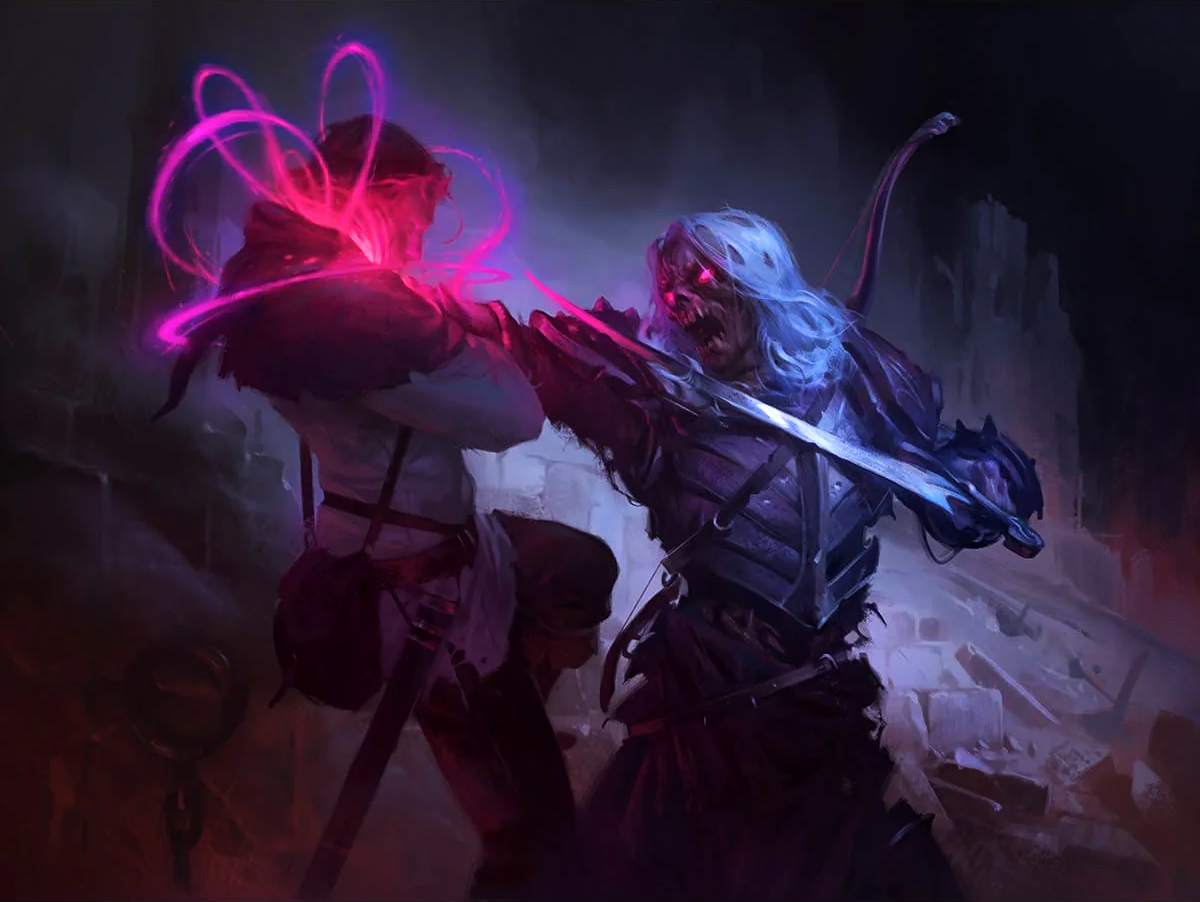 A digital painting of an armored, skull-faced warrior holding a struggling victim up by their throat and draining violet energy out of them