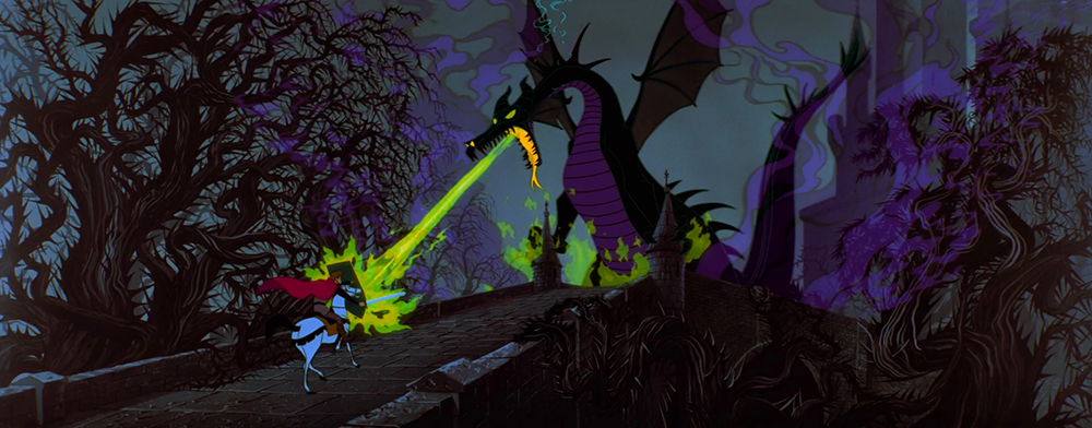 That scene from Disney's 'Sleeping Beauty' where the Maleficent the evil queen, in the form of a black dragon, spews green fire at the prince, who deflects it with his shield.