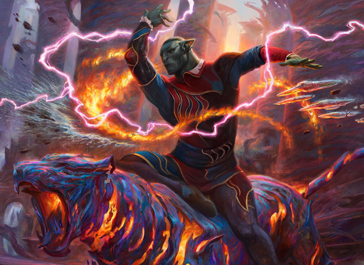 Magic: The Gathering card art showing an orcish wizard riding a tiger made out of fire and metal while casting spells of fire, lightning, water, and ice