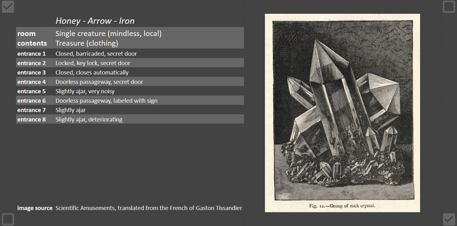 Screenshot of a gray spreadsheet. On the left side is text describing elements of a room in a dungeon. On the right side is a Victorian-era illustration of a rock crystal cluster.