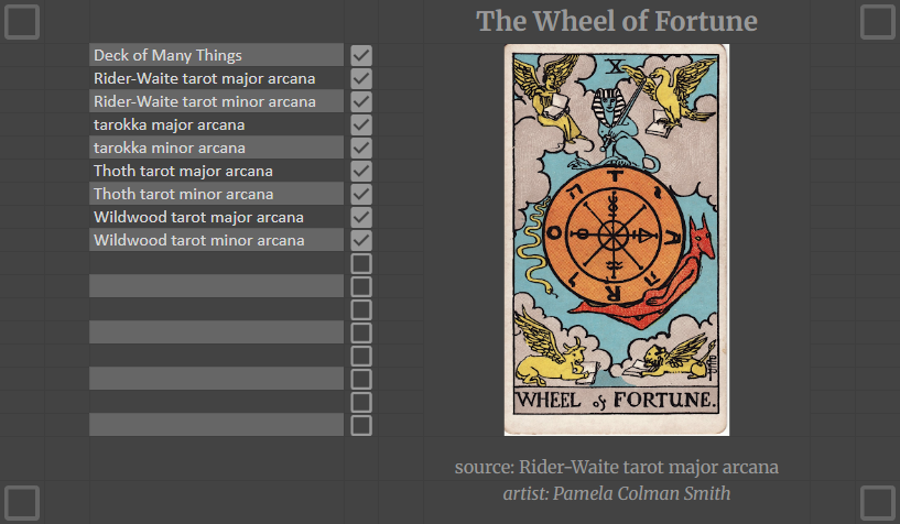 Screenshot of a gray spreadsheet. On the left side is a list of oracle deck options displaying names like 'Deck of Many Things', 'Rider-Waite tarot major arcana' and 'Wildwood tarot minor arcana', each one with a check box next to it. On the right side is an image of the Wheel of Fortune card from the Rider-Waite tarot deck.